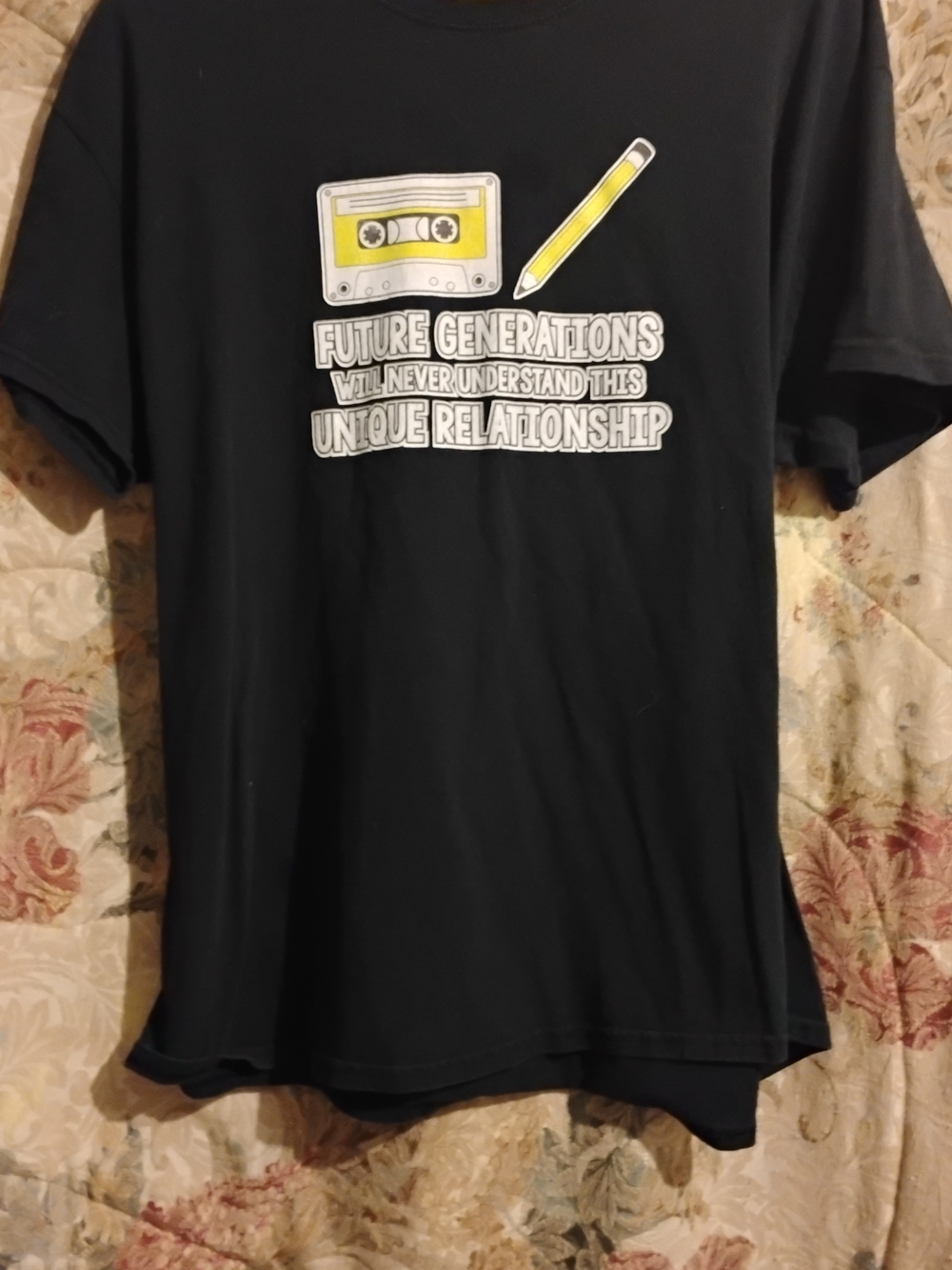 Black Short Sleeve Graphic Tee with Yellow Cassette and Pencil Artwork